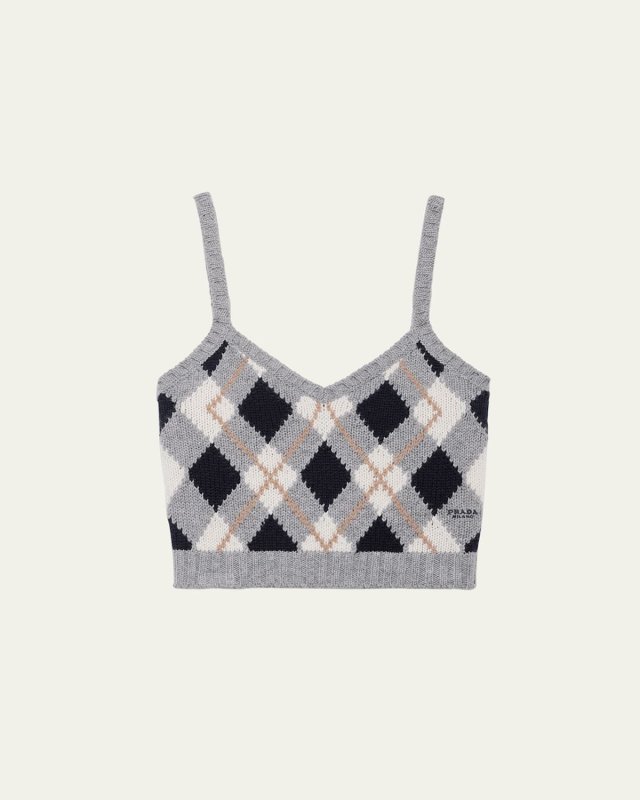 Cashmere Argyle Knit Crop Tank Top
